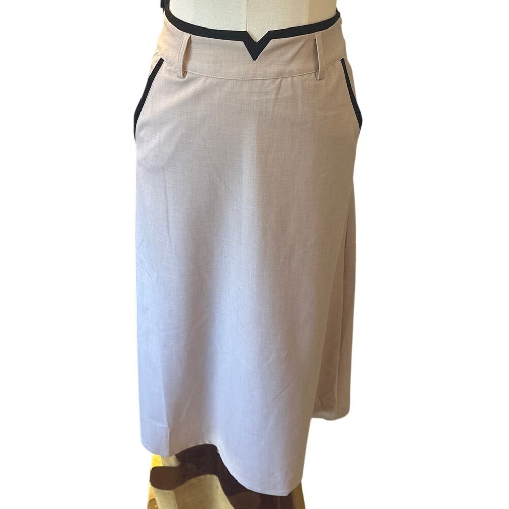 Maple & Cliff Beige Maxi Skirt – Tailored High-Waist Contrast Trim (NWT, XXS)
